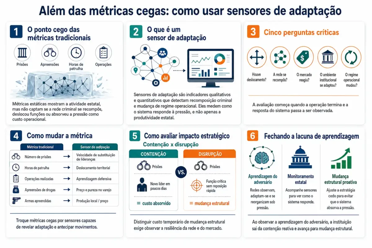 Infográfico em português sobre como substituir métricas tradicionais por sensores de adaptação para avaliar a resposta do sistema criminal depois de uma operação.