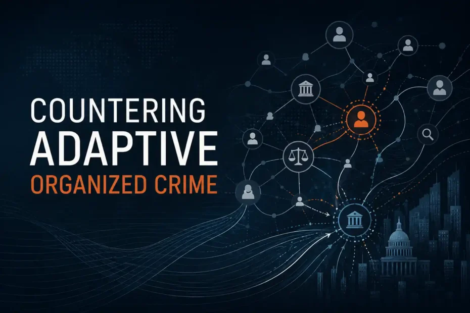 Imagem destacada do livro Countering Adaptive Organized Crime, com rede abstrata de atores, instituições e fluxos digitais representando crime organizado adaptativo e segurança pública.