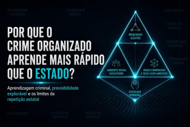 Imagem destacada sobre crime organizado adaptativo, com tetraedro luminoso e chamada sobre aprendizagem criminal e previsibilidade estatal.