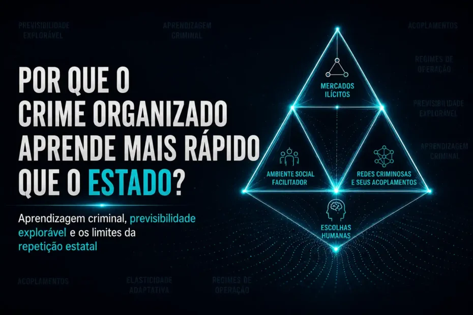 Imagem destacada sobre crime organizado adaptativo, com tetraedro luminoso e chamada sobre aprendizagem criminal e previsibilidade estatal.