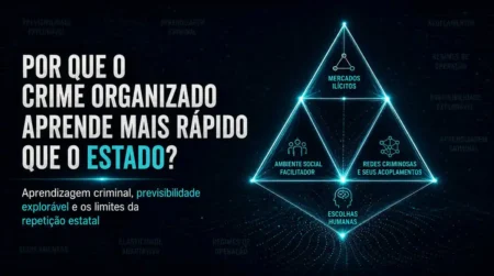 Imagem destacada sobre crime organizado adaptativo, com tetraedro luminoso e chamada sobre aprendizagem criminal e previsibilidade estatal.