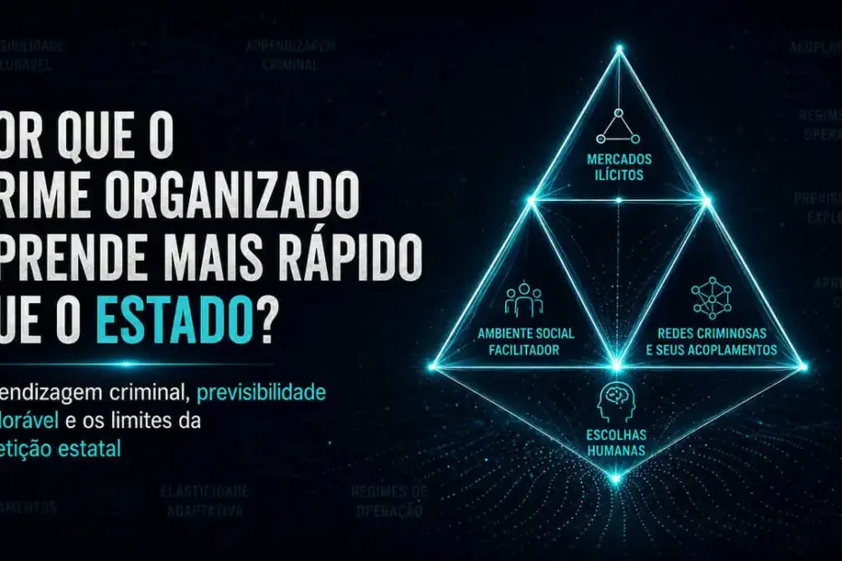 Imagem destacada sobre crime organizado adaptativo, com tetraedro luminoso e chamada sobre aprendizagem criminal e previsibilidade estatal.