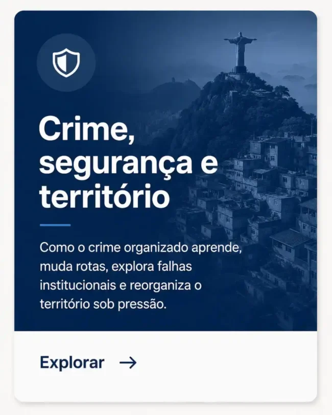 Card azul do IBRALC com Cristo Redentor, favela e Rio de Janeiro para acessar análises sobre crime, segurança e território.