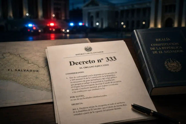 Documento jurídico com referência ao Decreto nº 333, Constituição e mapa de El Salvador, representando o início do regime de exceção.