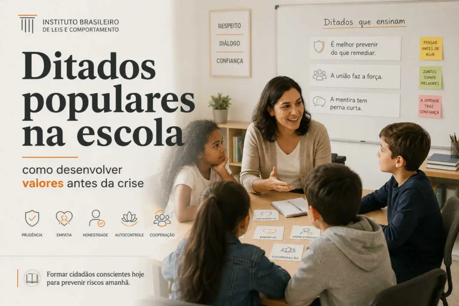 Imagem editorial mostra professora e alunos trabalhando ditados populares como entrada para conversas sobre valores, convivência escolar e prevenção antes da crise.