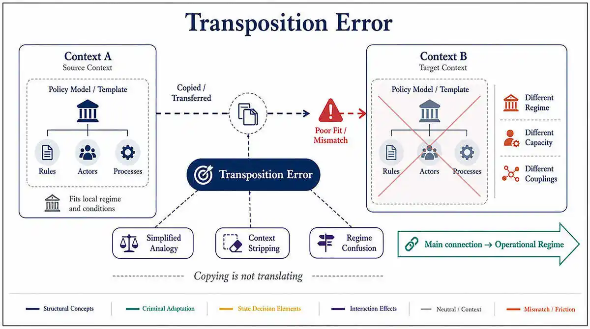 Infográfico em inglês sobre erro de transposição, mostrando o risco de copiar uma política pública de um contexto para outro sem considerar regime, capacidade e acoplamentos.