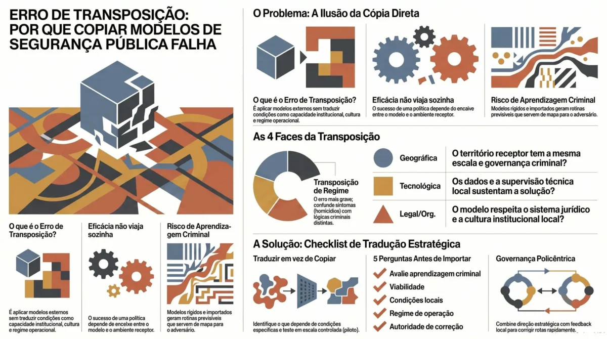 Copiar modelos de segurança pública sem traduzir condições locais pode transformar uma boa política em erro de transposição.