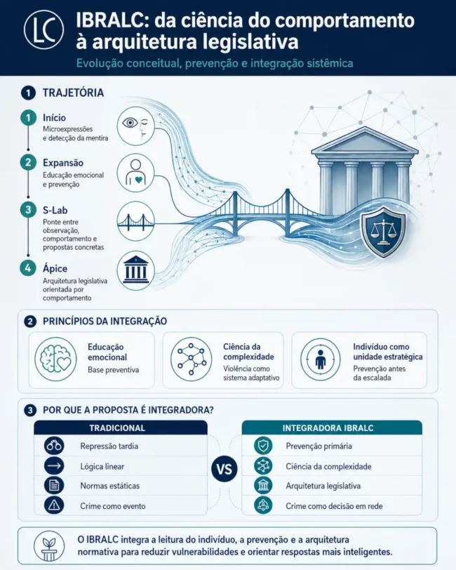 Infográfico do IBRALC sobre a evolução conceitual do Instituto, conectando comportamento, prevenção social e arquitetura legislativa.