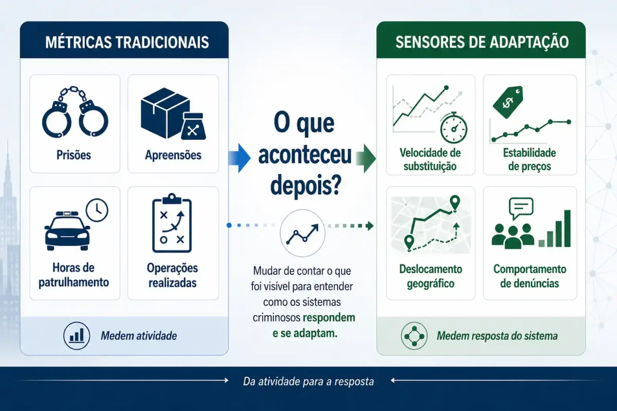 Infográfico comparando métricas tradicionais, como prisões e apreensões, com sensores de adaptação, como velocidade de substituição, estabilidade de preços e deslocamento geográfico.