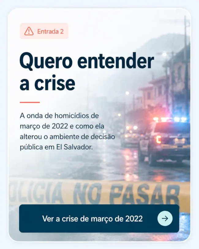 Card sobre modelo Bukele com imagem esmaecida de El Salvador e chamada para entender a crise de homicídios de março de 2022.