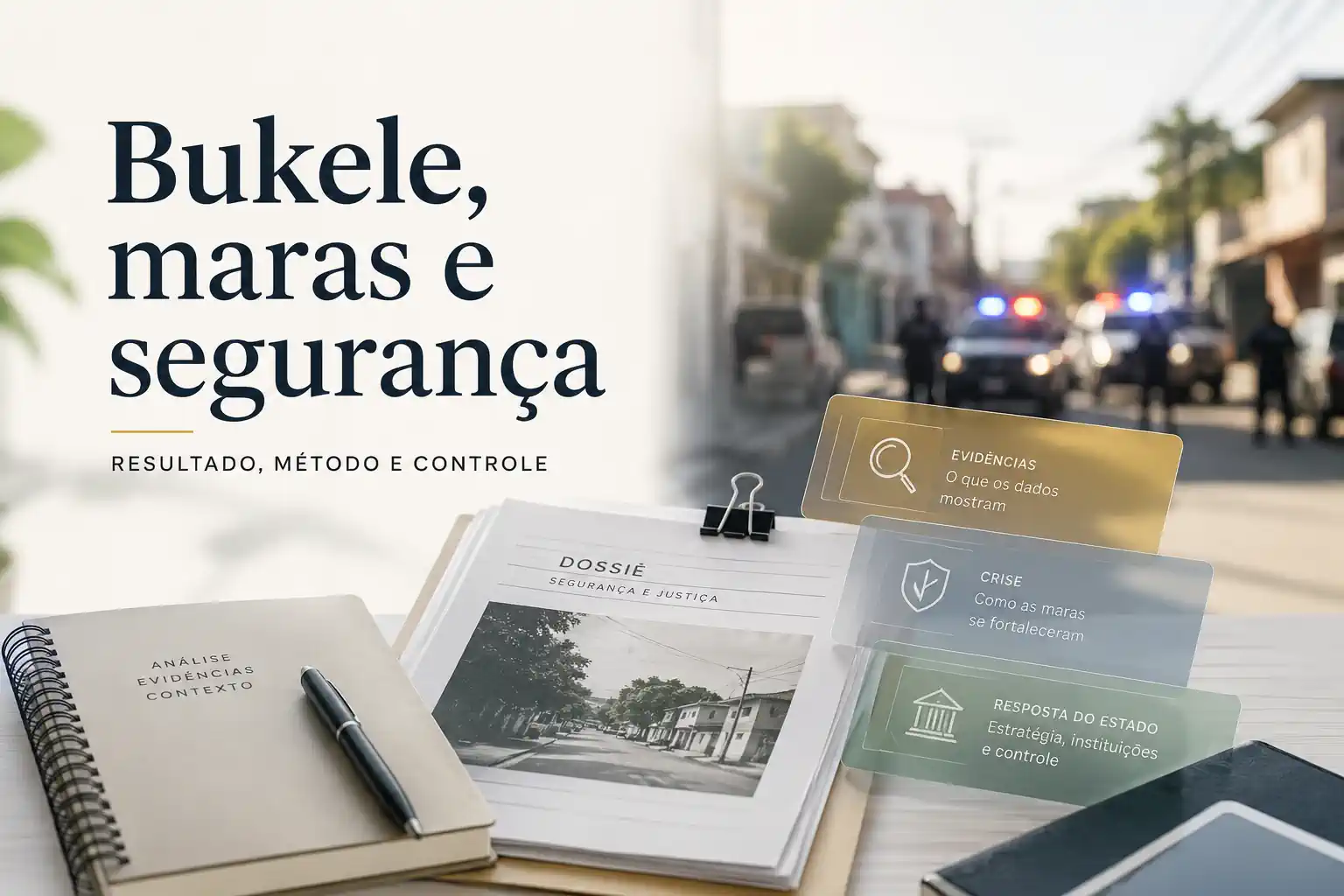 Imagem editorial sobre o modelo Bukele, com dossiê de segurança, rua ao fundo e cartões visuais sobre evidências, crise e resposta do Estado.