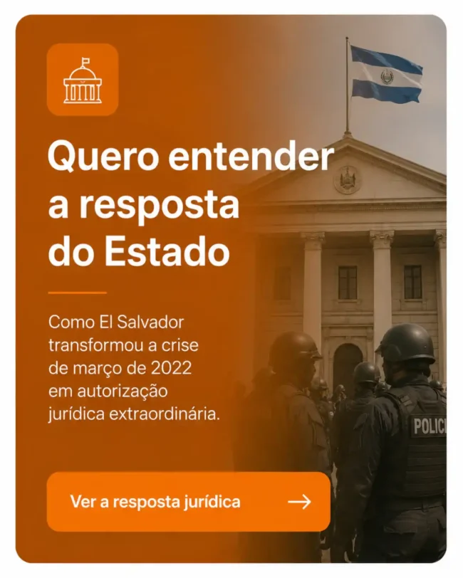 Card sobre modelo Bukele com edifício institucional de El Salvador, policiais ao fundo e chamada para entender a resposta jurídica do Estado.
