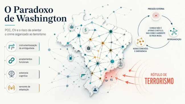 Imagem destacada sobre PCC, CV, terrorismo e crime organizado adaptativo, com mapa do Brasil, redes criminais e pressão externa sobre RJ e SP.