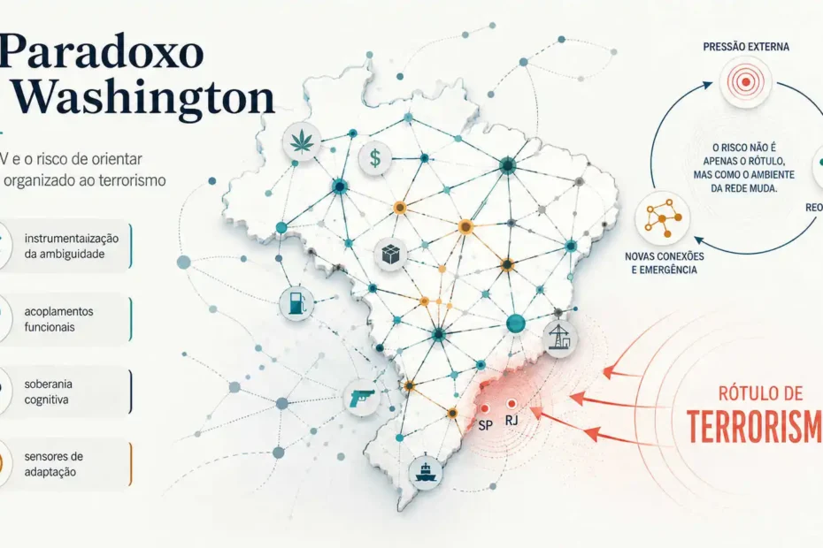 Imagem destacada sobre PCC, CV, terrorismo e crime organizado adaptativo, com mapa do Brasil, redes criminais e pressão externa sobre RJ e SP.