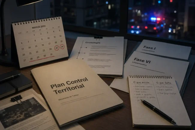Mesa de análise com documento do Plan Control Territorial, calendário de março de 2022, fases do plano e luzes policiais ao fundo.