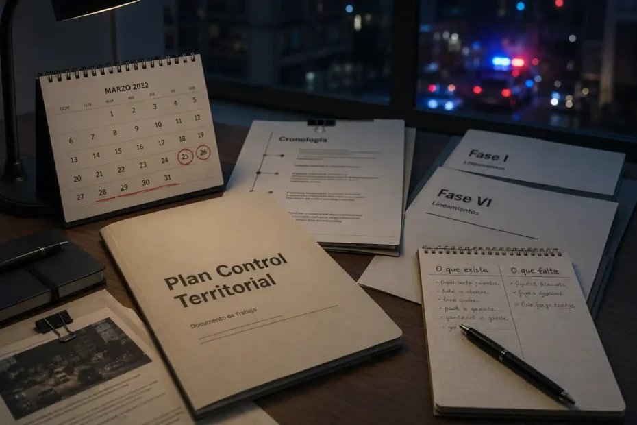 Mesa de análise com documento do Plan Control Territorial, calendário de março de 2022, fases do plano e luzes policiais ao fundo.