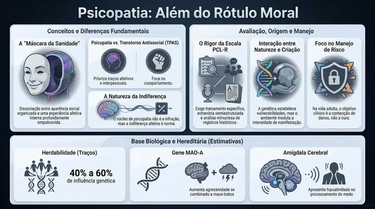 Infográfico sobre psicopatia e avaliação técnica, com máscara da sanidade, PCL-R, transtorno antissocial, origem biológica e manejo de risco.