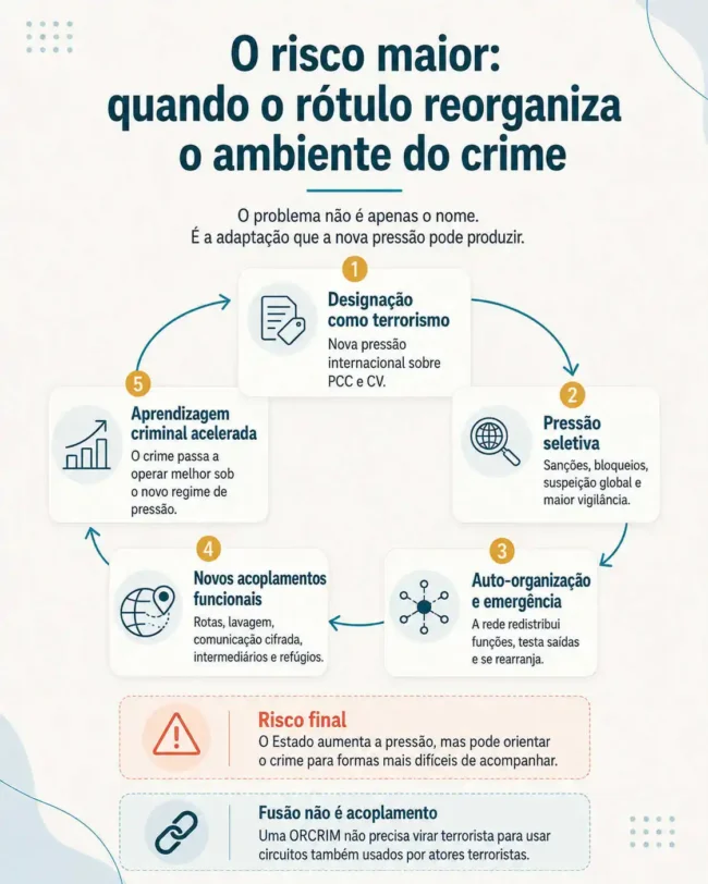 Infográfico sobre PCC, CV, terrorismo e crime organizado adaptativo, com ciclo de pressão seletiva, auto-organização e acoplamentos funcionais.