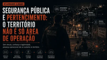 Imagem da série Desarmando Slogans sobre segurança pública e pertencimento, com policial observando uma comunidade à noite e elementos visuais sobre confiança, legitimidade, presença e leitura territorial.