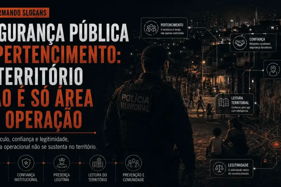 Imagem da série Desarmando Slogans sobre segurança pública e pertencimento, com policial observando uma comunidade à noite e elementos visuais sobre confiança, legitimidade, presença e leitura territorial.