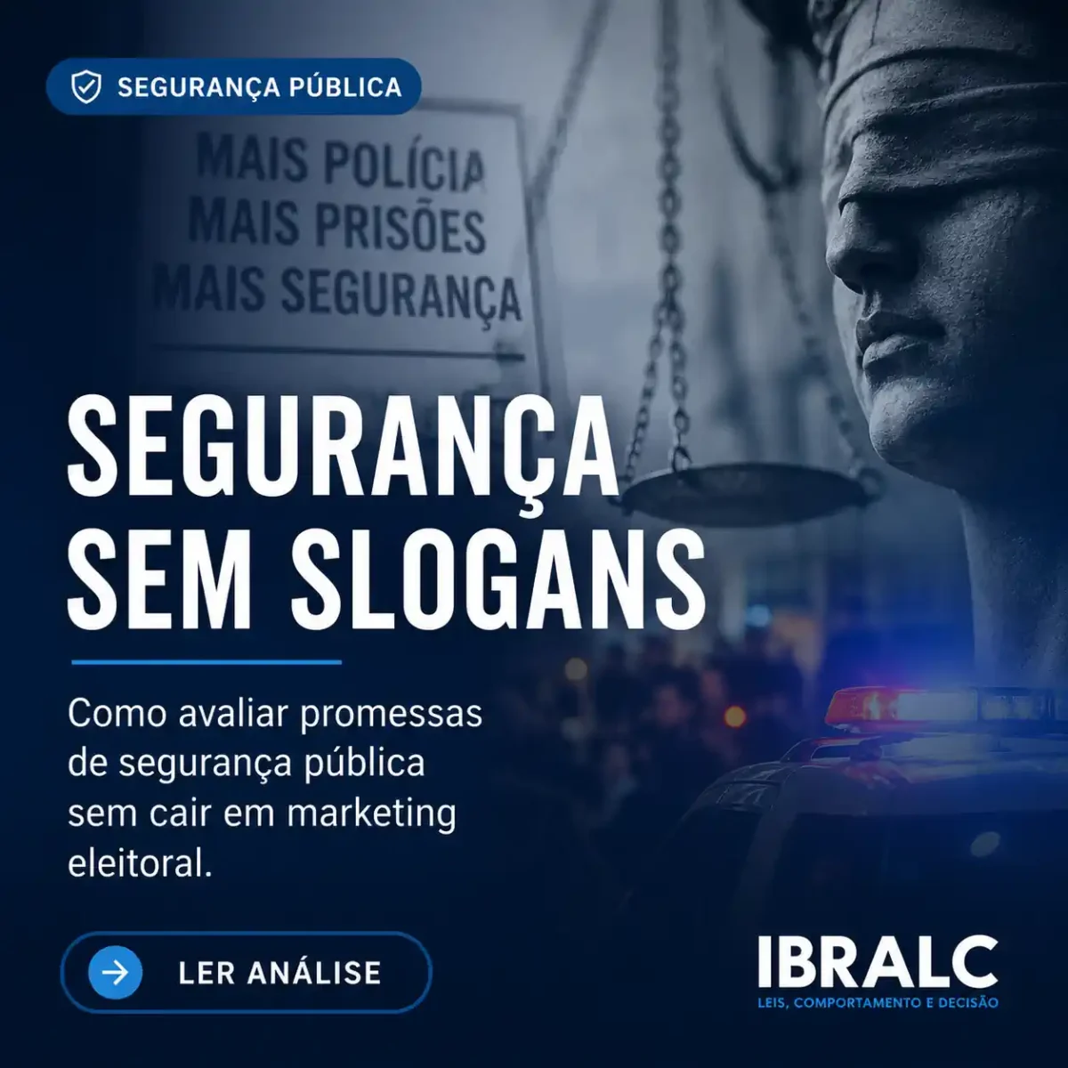 Card do IBRALC sobre segurança sem slogans e avaliação crítica de promessas de segurança pública em período eleitoral.