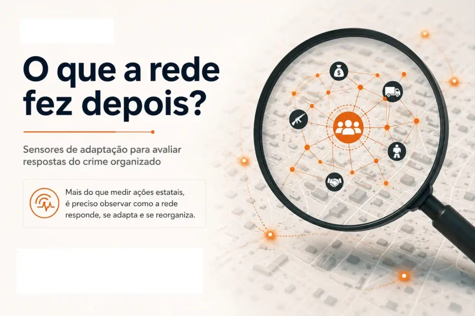Infográfico moderno sobre sensores de adaptação, com lupa sobre mapa urbano e rede criminal para avaliar o que o crime organizado fez depois da operação.