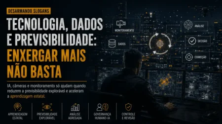 Imagem destacada sobre tecnologia na segurança pública, com centro de monitoramento, dados, IA e aprendizagem estatal para reduzir previsibilidade explorável.