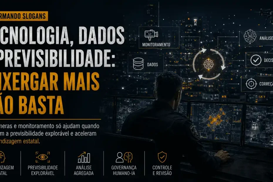 Imagem destacada sobre tecnologia na segurança pública, com centro de monitoramento, dados, IA e aprendizagem estatal para reduzir previsibilidade explorável.