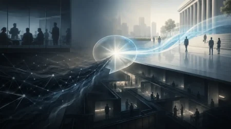 Conceptual image of instrumentalized ambiguity, with a luminous communication symbol splitting flows between a public institutional space and hidden networks.