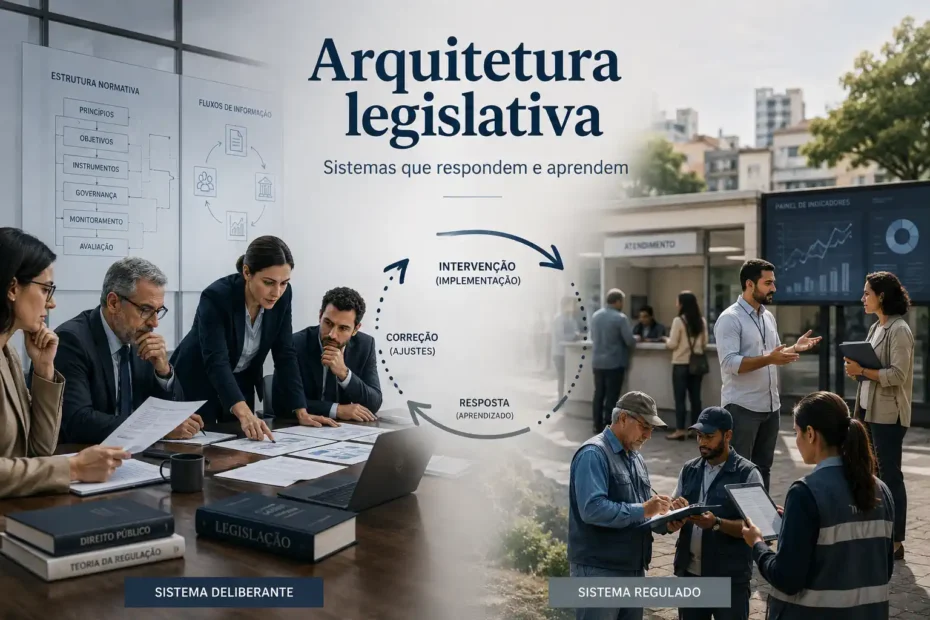 Arquitetura legislativa conectando o sistema deliberante ao sistema regulado por intervenção, informação e aprendizagem institucional.
