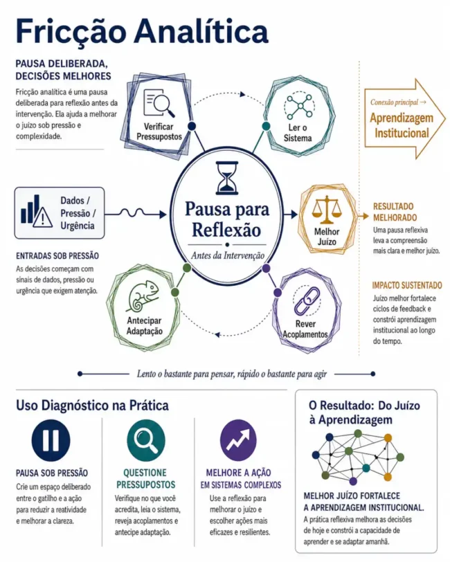 Infográfico em português sobre fricção analítica, com pausa para reflexão, verificação de pressupostos, leitura do sistema, antecipação da adaptação e aprendizagem institucional.