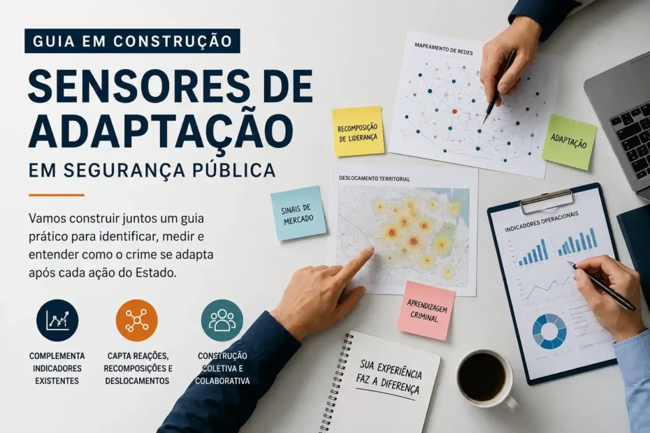 Imagem editorial sobre guia em construção de sensores de adaptação em segurança pública, com mapas, indicadores, rede criminal, deslocamento territorial e colaboração entre profissionais.