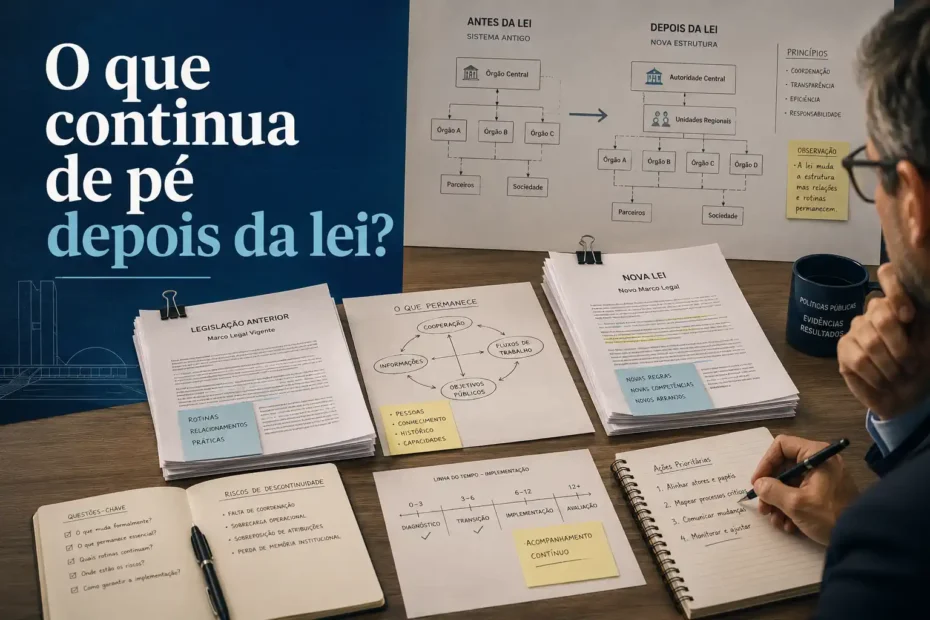 Profissional analisa documentos legislativos e relações entre instituições para compreender problemas públicos complexos.