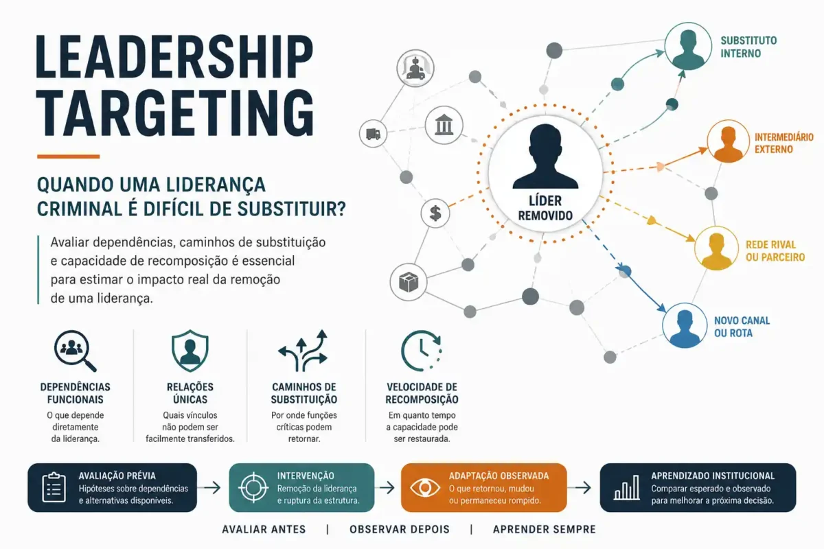 Avaliação de liderança criminal com dependências funcionais, relações únicas, caminhos de substituição e velocidade de recomposição após a retirada.