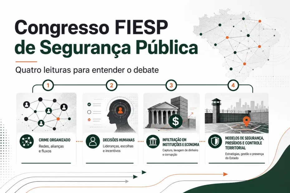 Quatro leituras do Congresso FIESP de Segurança Pública sobre crime organizado, decisões humanas, infiltração e modelos de segurança.