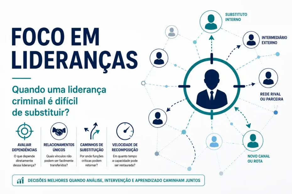 Estratégia Kingpin com liderança criminal no centro de uma rede e possíveis caminhos de substituição após sua retirada.
