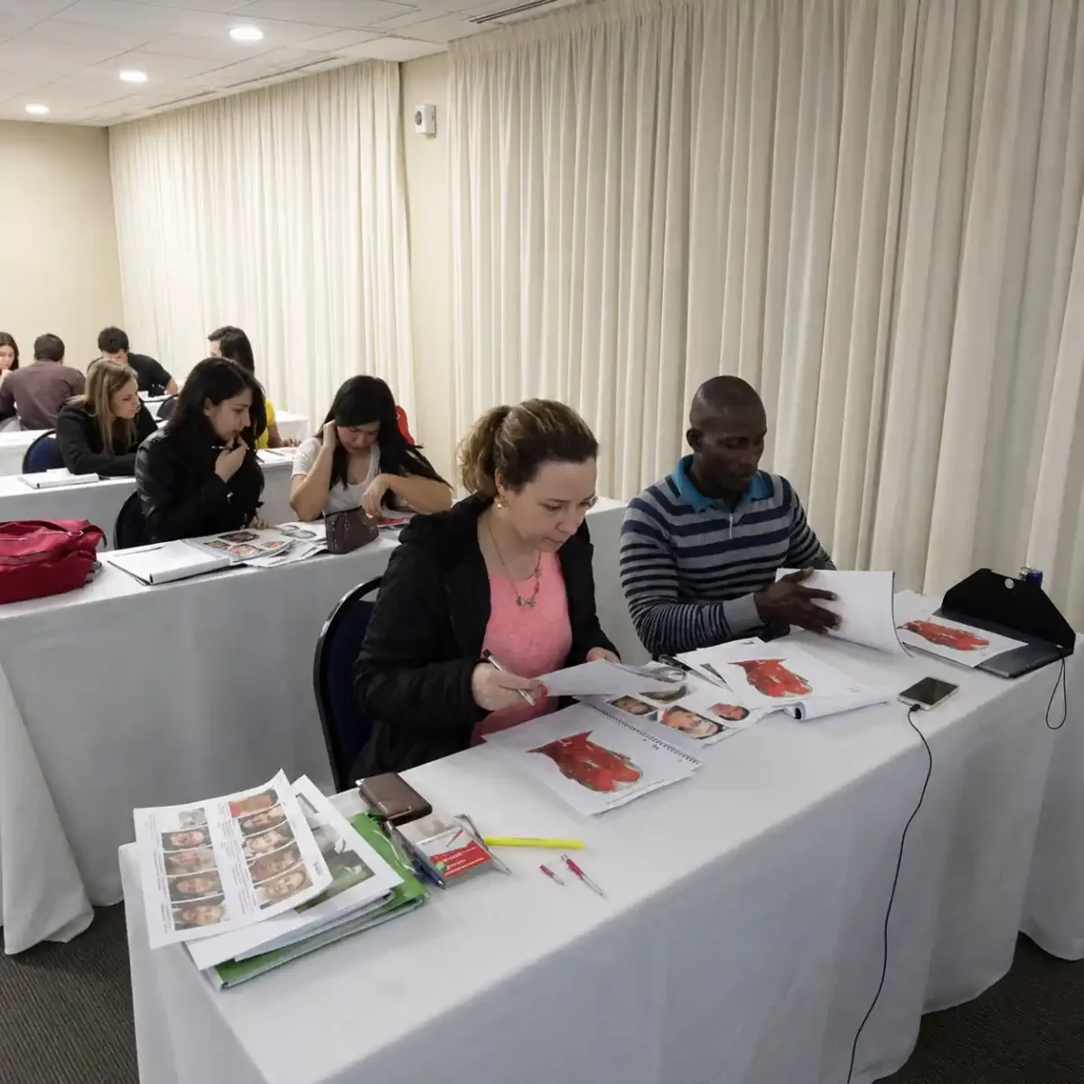 Participantes do IBRALC analisam materiais sobre expressões faciais e emoções durante atividade prática.