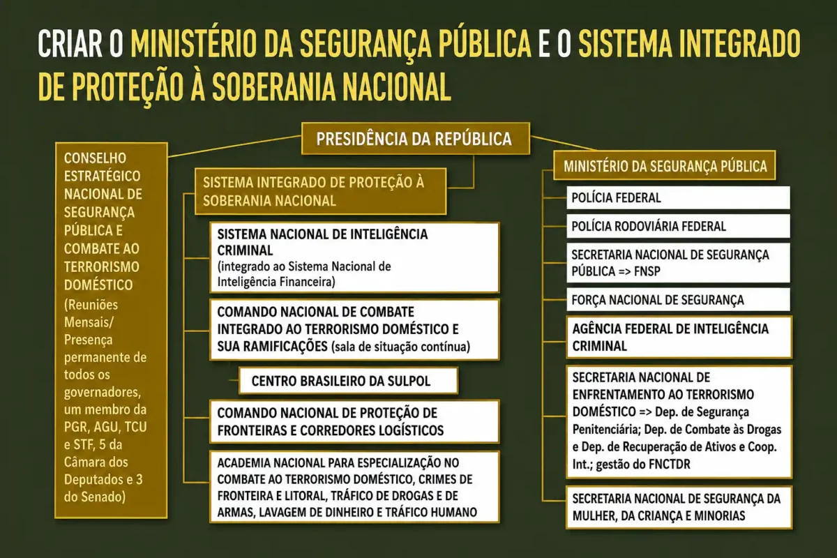 Organograma do Ministério da Segurança Pública e do Sistema Integrado de Proteção à Soberania Nacional proposto por Ronaldo Caiado.