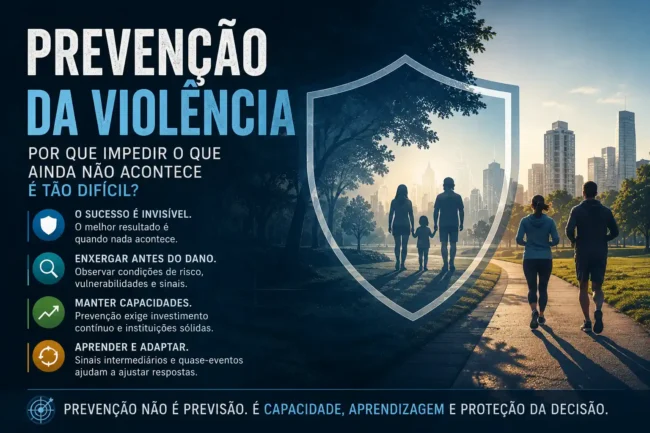 Infográfico sobre prevenção da violência com pessoas protegidas por um escudo e princípios de antecipação, manutenção de capacidades, aprendizagem e adaptação.