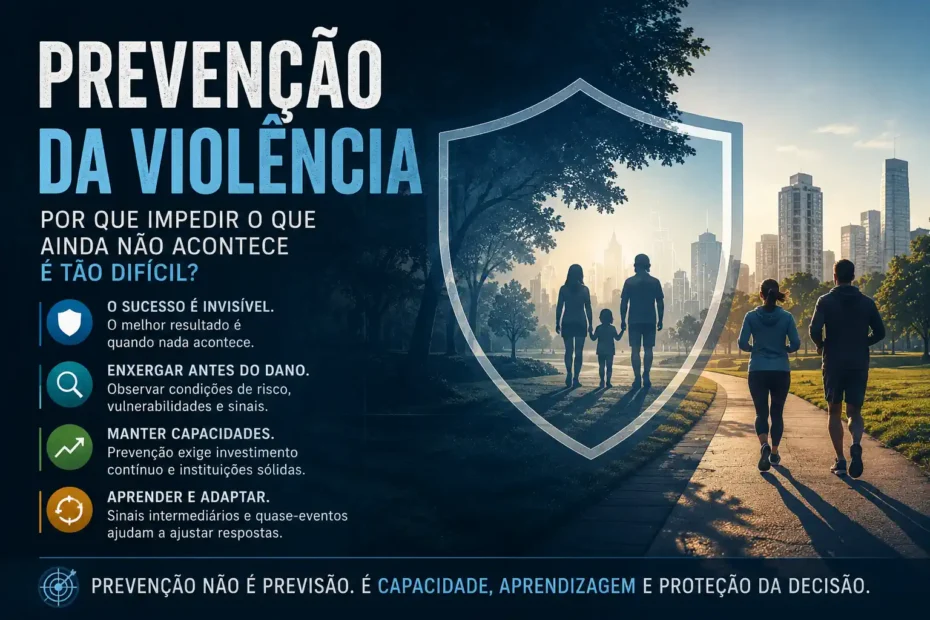 Infográfico sobre prevenção da violência com pessoas protegidas por um escudo e princípios de antecipação, manutenção de capacidades, aprendizagem e adaptação.
