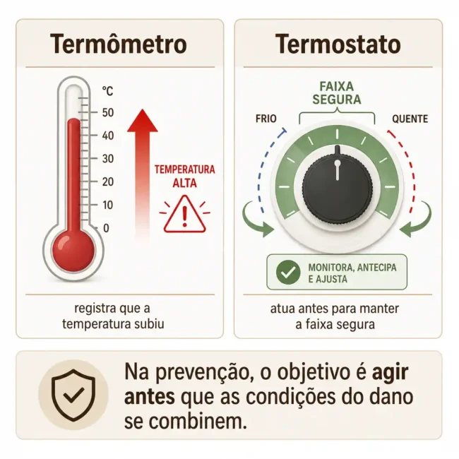 Termômetro registra a temperatura alta, enquanto termostato atua para mantê-la em uma faixa segura, comparação usada para explicar a prevenção da violência.