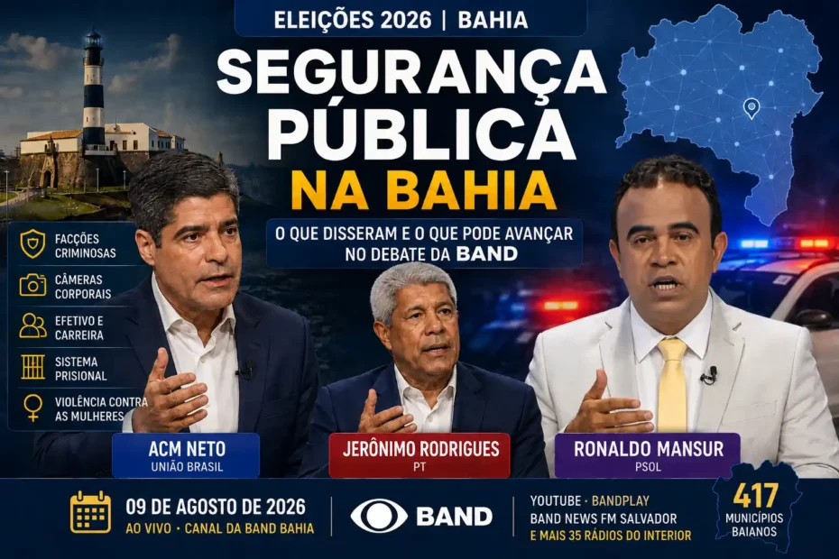 ACM Neto, Jerônimo Rodrigues e Ronaldo Mansur no debate da Band de 9 de agosto de 2026 sobre segurança pública na Bahia.