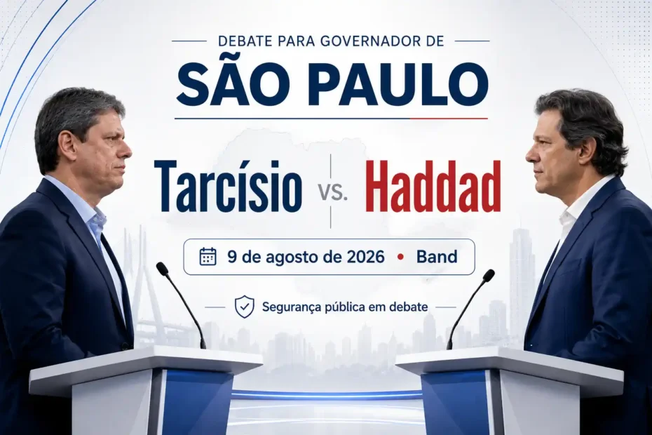 Tarcísio de Freitas e Fernando Haddad no debate da Band de 9 de agosto de 2026 sobre segurança pública em São Paulo.