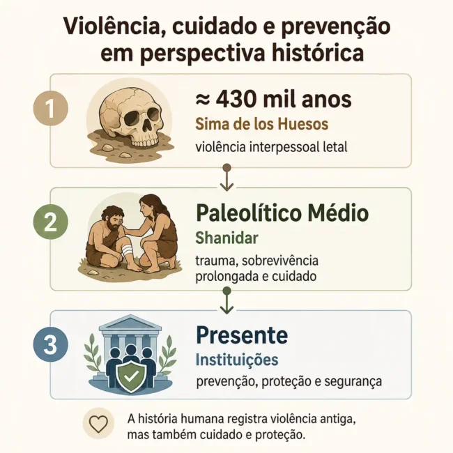 Linha do tempo visual sobre violência, cuidado e prevenção: Sima de los Huesos há cerca de 430 mil anos, Shanidar no Paleolítico Médio e, no presente, instituições de prevenção, proteção e segurança.