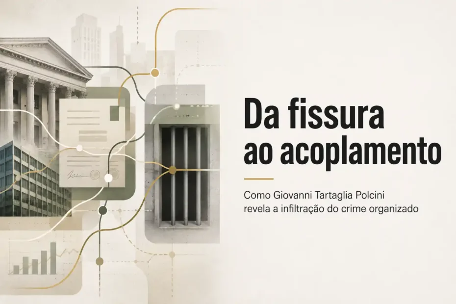Instituições, empresas, documentos e prisão conectados por linhas representam acoplamentos usados na infiltração do crime organizado.