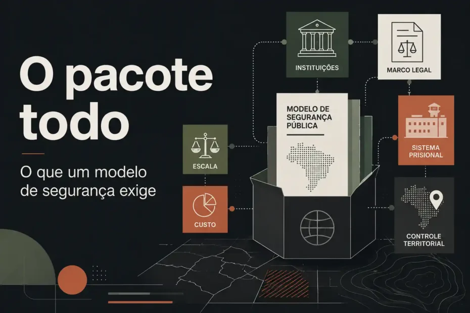 Modelo de segurança pública conectado a instituições, marco legal, sistema prisional, escala, custos e controle territorial.